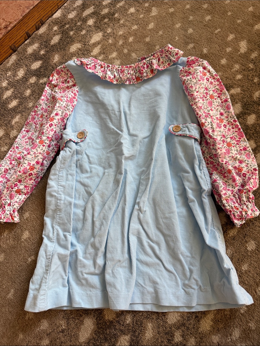 Little English Light Blue Corduroy Dress with Pink Floral Sleeves